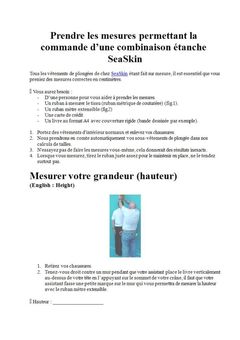 Page 1 - Prendre les mesures pour la combinaison étanche, les gants et la cagoule (en français)