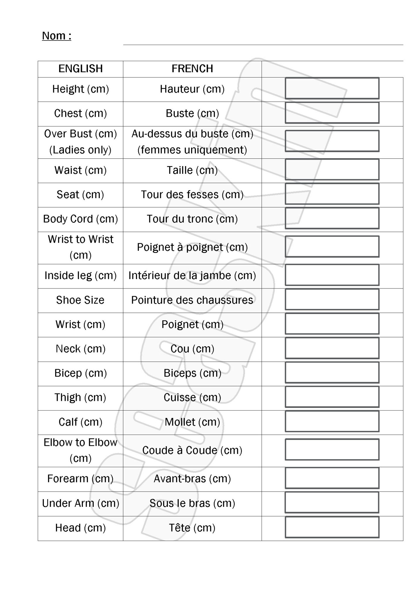 SeaSkin : Document vous permettant de reporter et noter vos mesures traduit en français